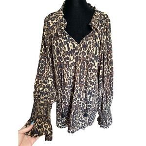 Figue Halima Top Cheetah Print Long Sleeve Smocked Blouse Tassels Silk Size XL